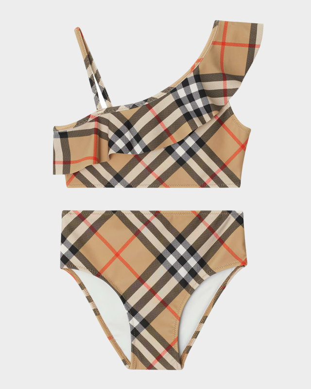 Girl's Asla One-Shoulder Check Two-Piece Swimsuit, Size 3-14